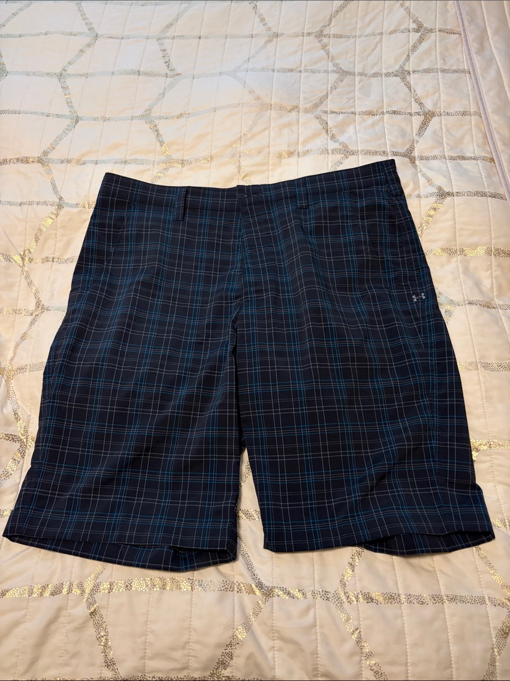 Under Armour Men's Navy and Teal Plaid Flat-Front Shorts